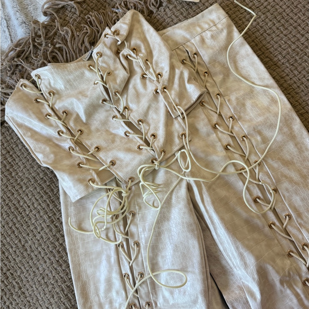 FASHION NOVA Cream Lace-Up 2 piece set